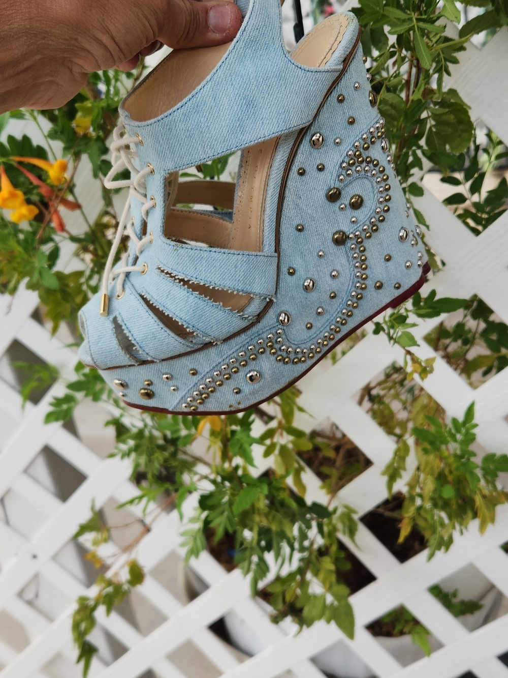 CHARLOTTE OLYMPIA Gene Studded Denim Wedge Sandals - Picture 6 of 10